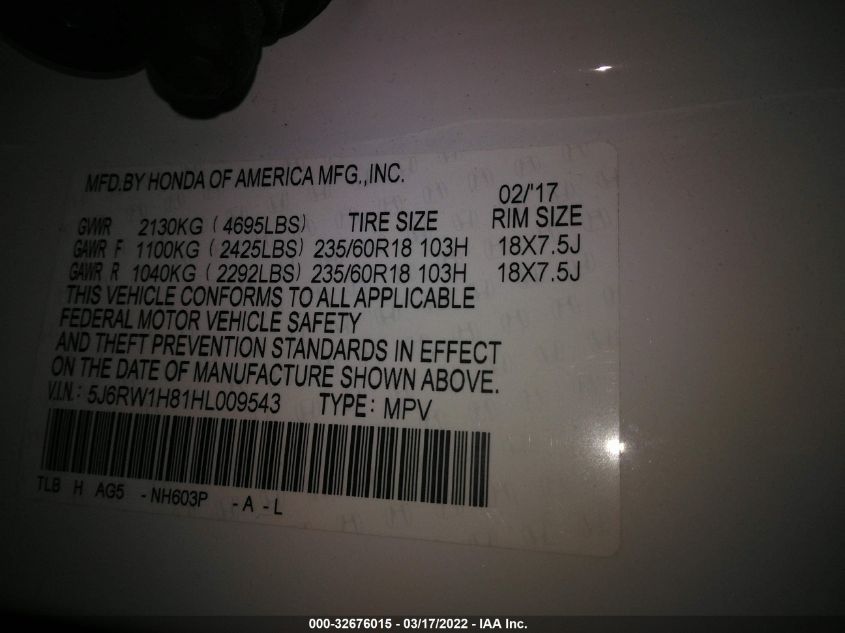 2017 HONDA CR-V EX-L 5J6RW1H81HL009543