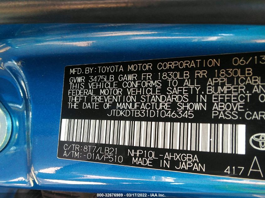 2013 TOYOTA PRIUS C ONE/TWO/THREE/FOUR JTDKDTB31D1046345