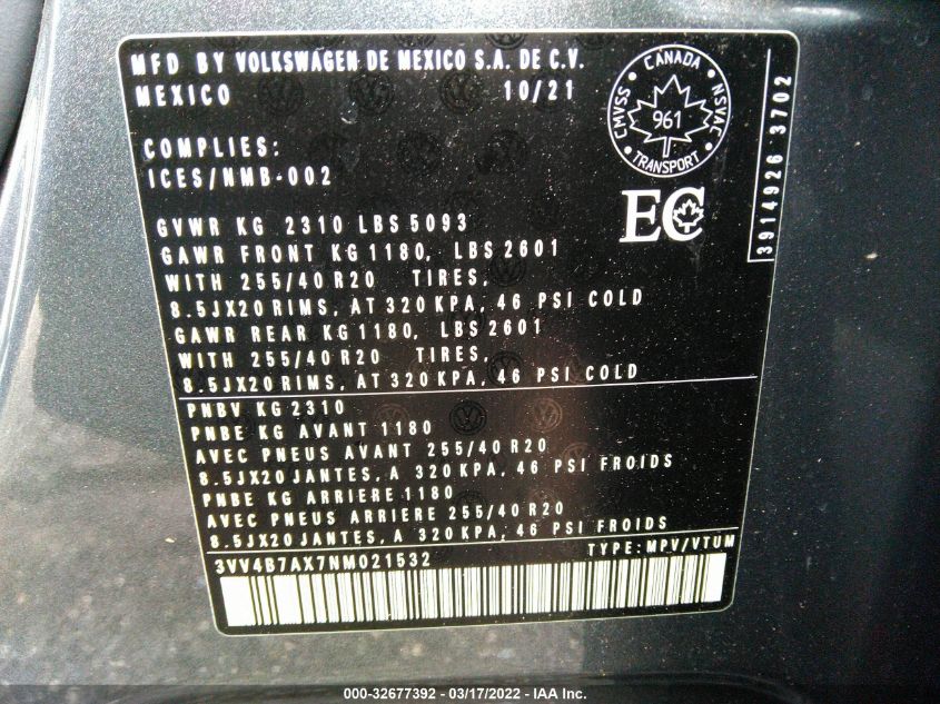 2022 VOLKSWAGEN TIGUAN SEL R-LINE 3VV4B7AX7NM021532