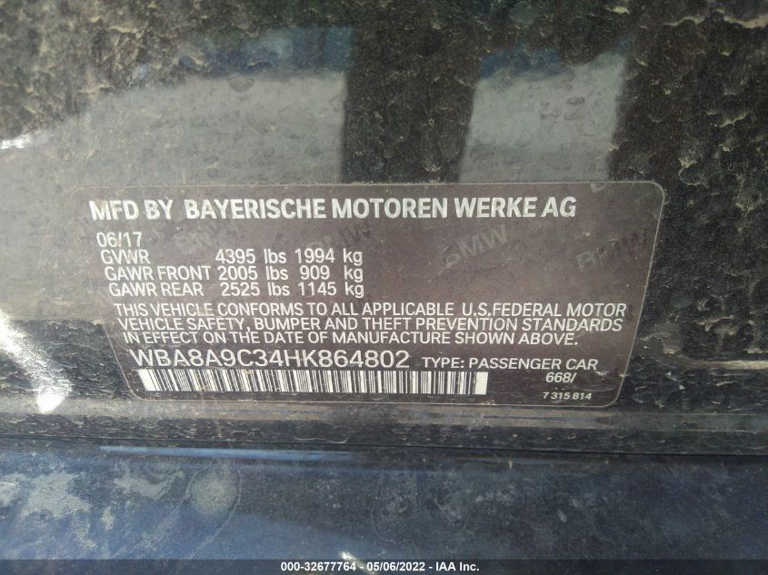 2017 BMW 3 SERIES 320I WBA8A9C34HK864802