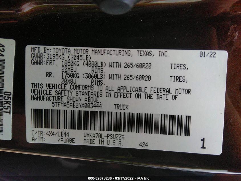 2022 TOYOTA TUNDRA 2WD 1794 EDITION 5TFMA5AB2NX003444