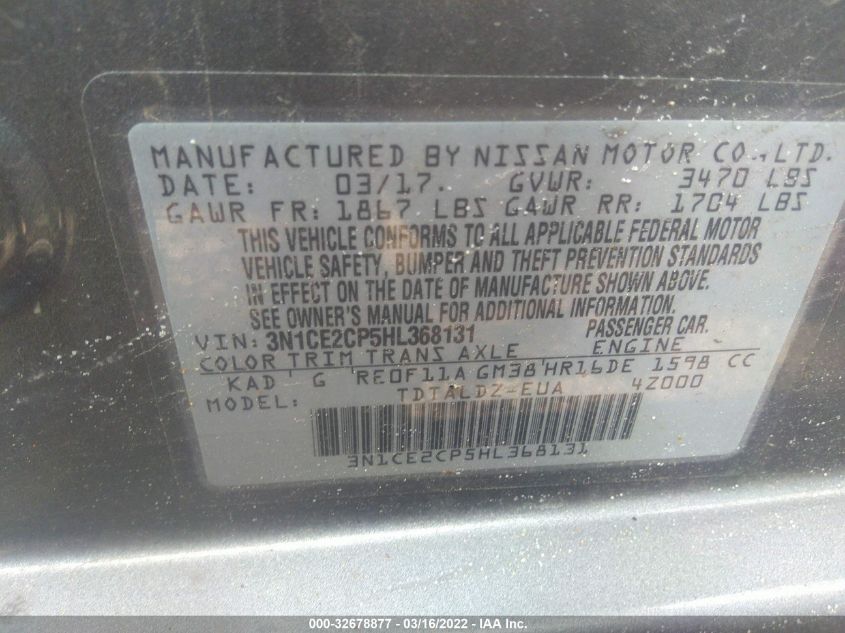 2017 NISSAN VERSA NOTE SV 3N1CE2CP5HL368131