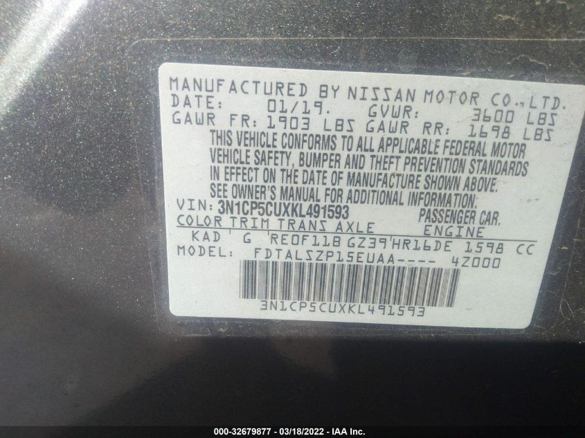 2019 NISSAN KICKS SV 3N1CP5CUXKL491593