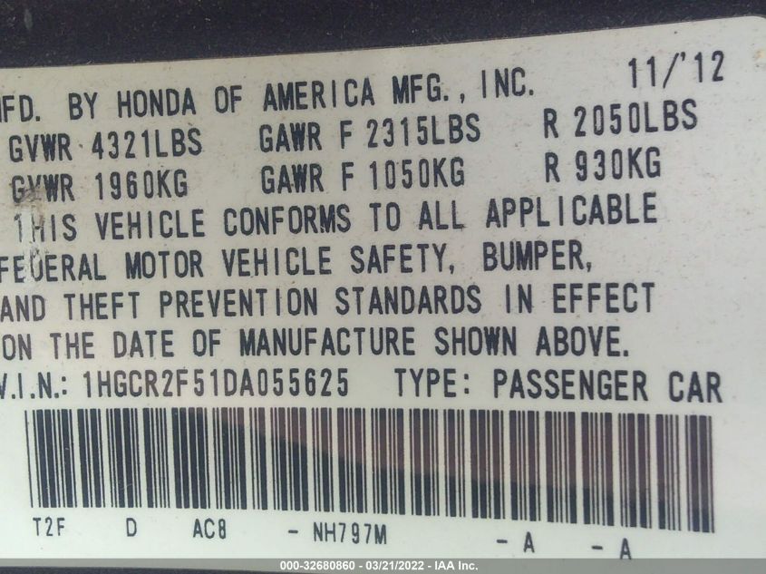 2013 HONDA ACCORD SDN SPORT 1HGCR2F51DA055625