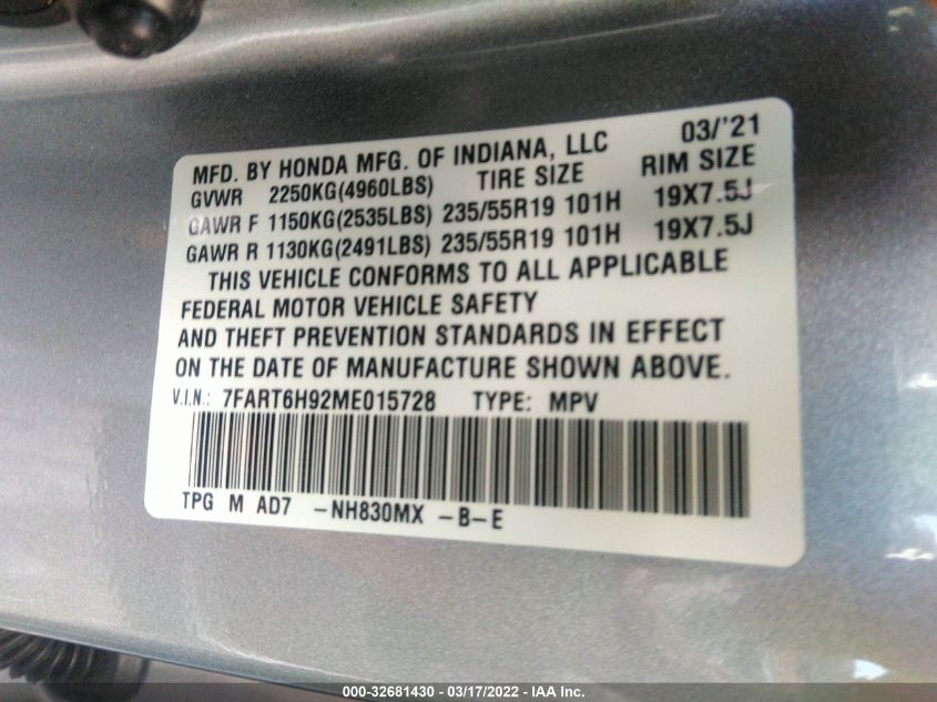 2021 HONDA CR-V HYBRID TOURING 7FART6H92ME015728