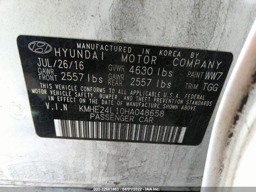 2017 HYUNDAI SONATA HYBRID SE KMHE24L10HA048658