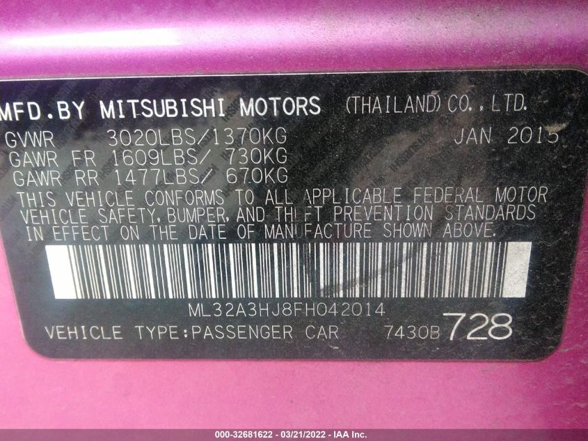 2015 MITSUBISHI MIRAGE DE/RF ML32A3HJ8FH042014