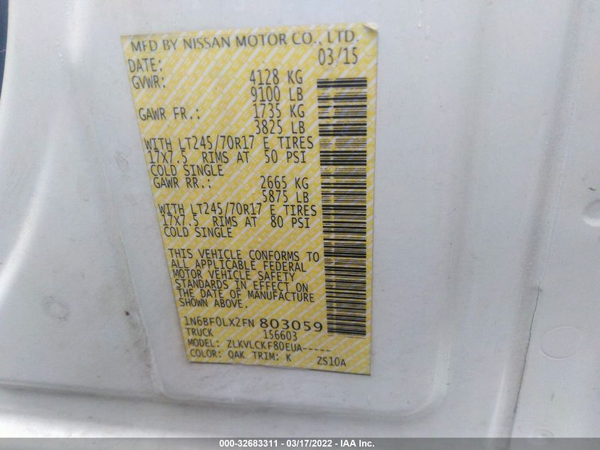2015 NISSAN NV SV/S/SL 1N6BF0LX2FN803059