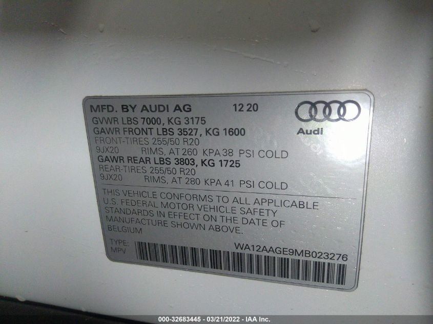 2021 AUDI E-TRON PREMIUM PLUS WA12AAGE9MB023276