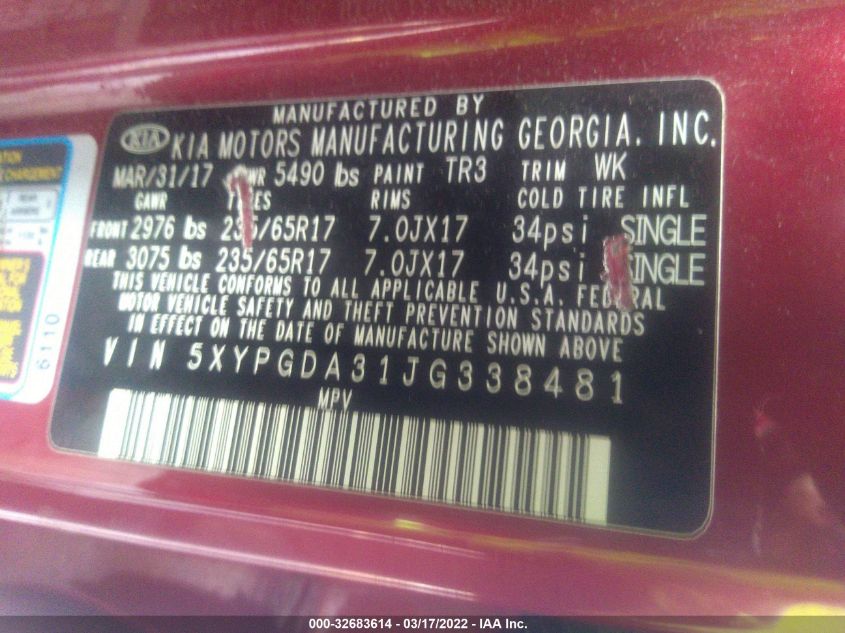 2018 KIA SORENTO LX 5XYPGDA31JG338481