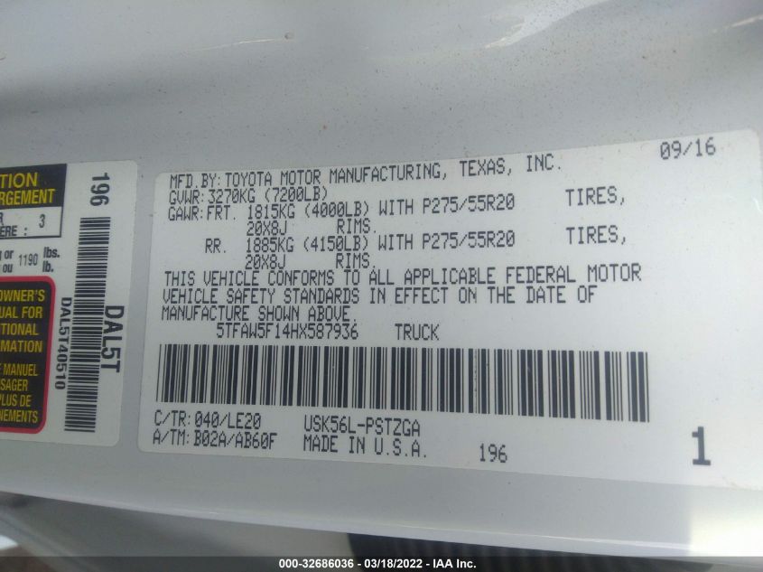 2017 TOYOTA TUNDRA 4WD PLATINUM/1794 EDITION 5TFAW5F14HX587936