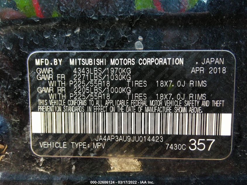 2018 MITSUBISHI OUTLANDER SPORT 2.0 JA4AP3AU9JU014423