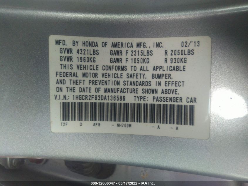 2013 HONDA ACCORD SDN EX-L 1HGCR2F83DA136586