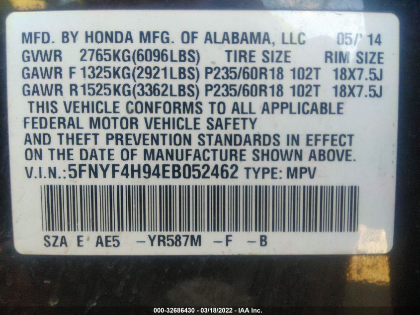2014 HONDA PILOT TOURING 5FNYF4H94EB052462