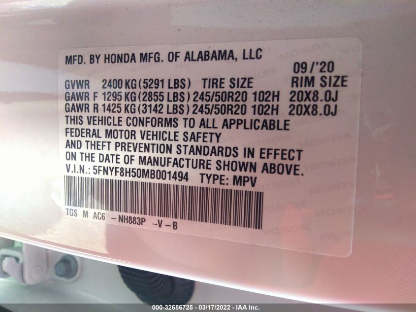 2021 HONDA PASSPORT EX-L 5FNYF8H50MB001494