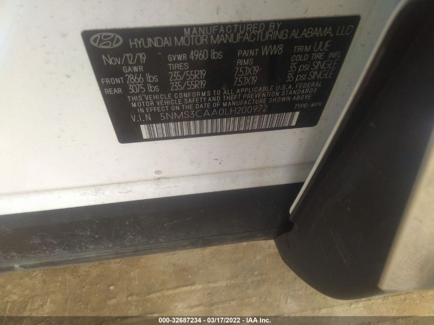 2020 HYUNDAI SANTA FE SEL 5NMS3CAA0LH200972