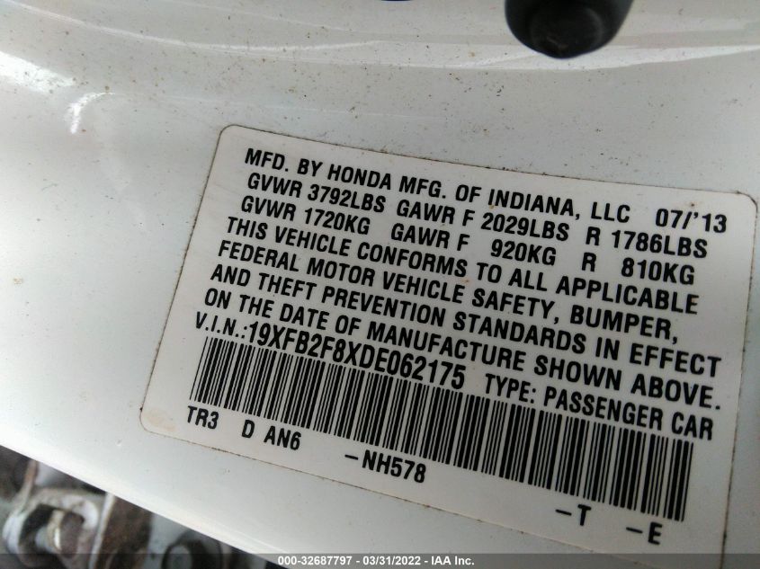 2013 HONDA CIVIC SDN EX 19XFB2F8XDE062175