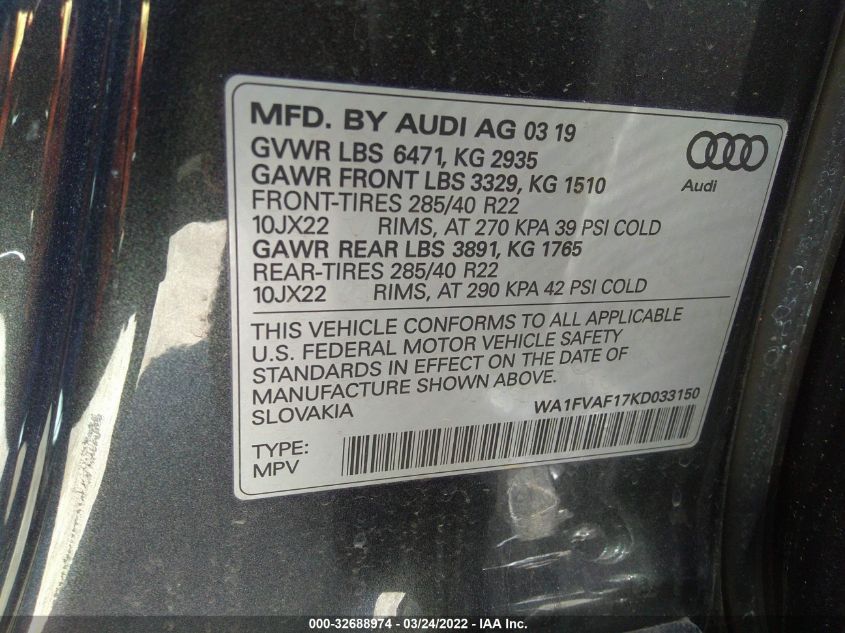 2019 AUDI Q8 PRESTIGE WA1FVAF17KD033150