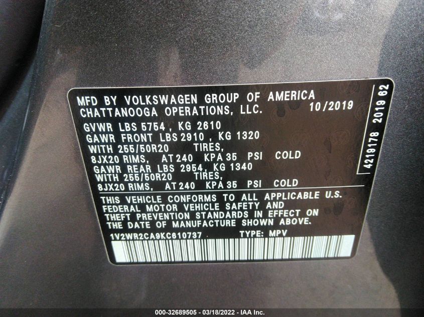 2019 VOLKSWAGEN ATLAS 3.6L V6 SE W/TECHNOLOGY 1V2WR2CA9KC610737