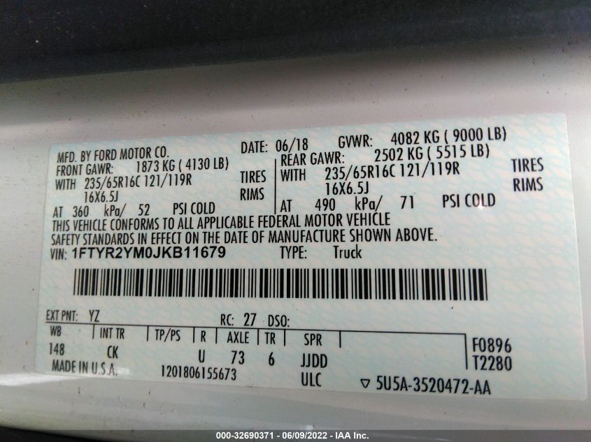 2018 FORD TRANSIT VAN 1FTYR2YM0JKB11679