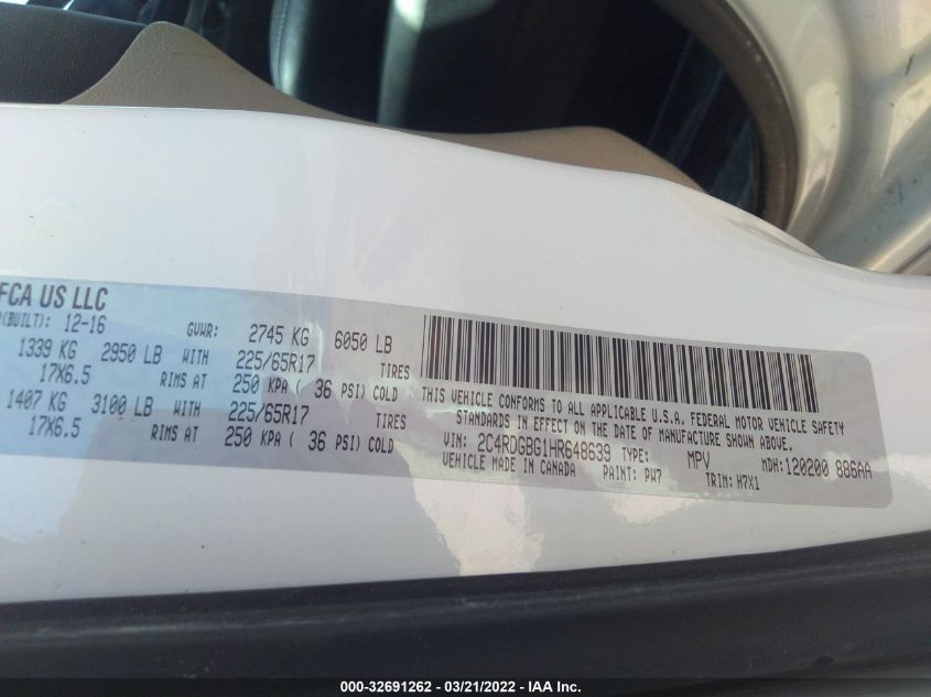 2017 DODGE GRAND CARAVAN SE 2C4RDGBG1HR648639