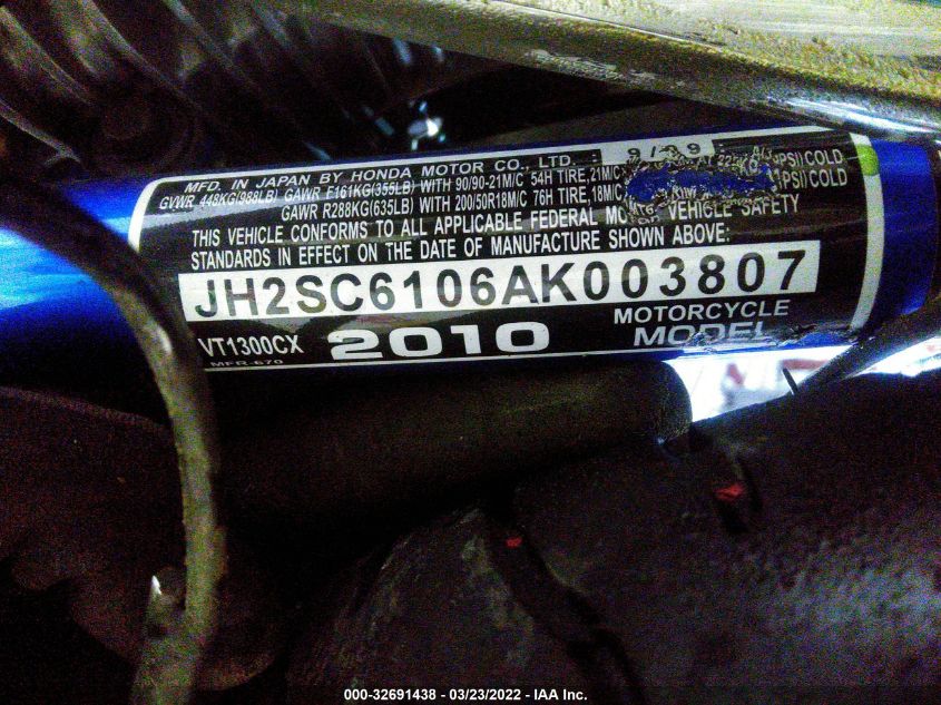 2010 HONDA VT1300 CX JH2SC6106AK003807