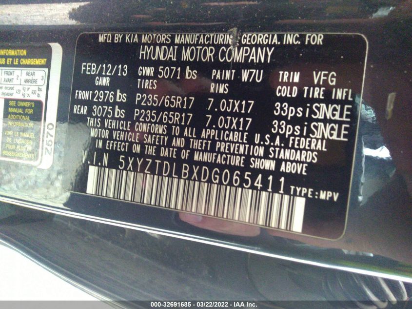 2013 HYUNDAI SANTA FE SPORT 5XYZTDLBXDG065411