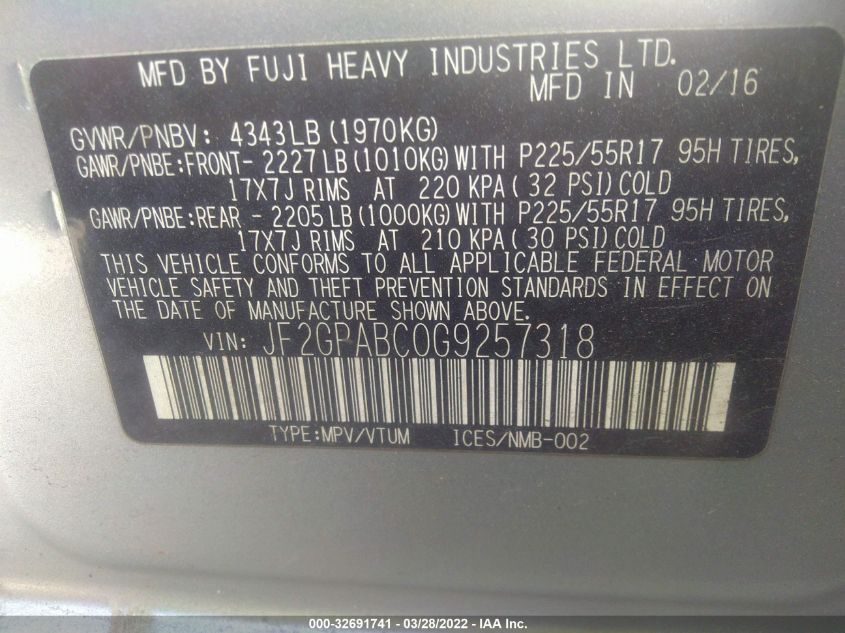 2016 SUBARU CROSSTREK PREMIUM JF2GPABC0G9257318