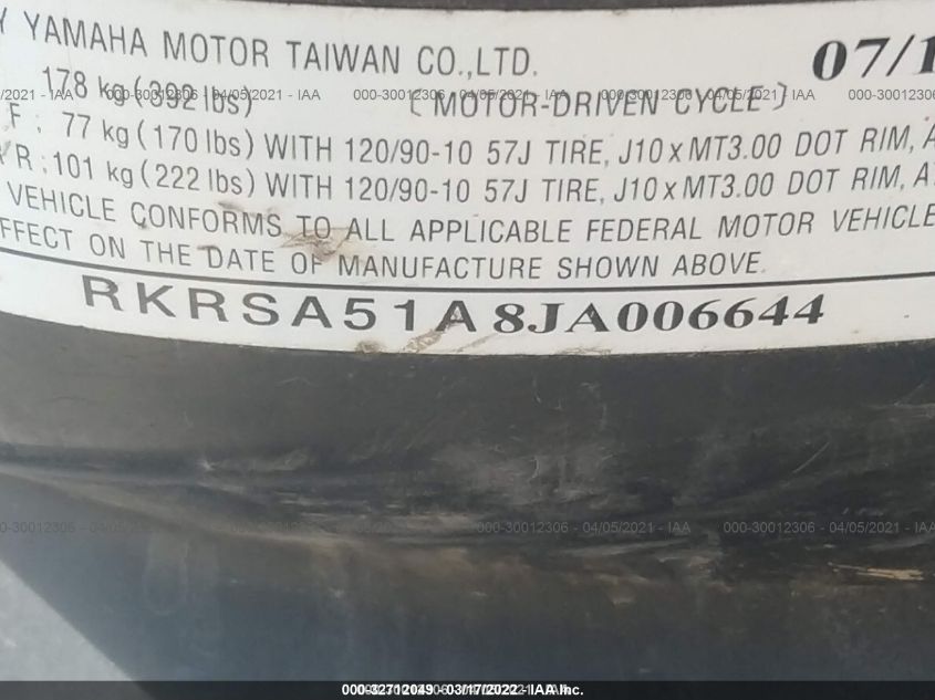 2018 YAMAHA YW50 FX RKRSA51A8JA006644