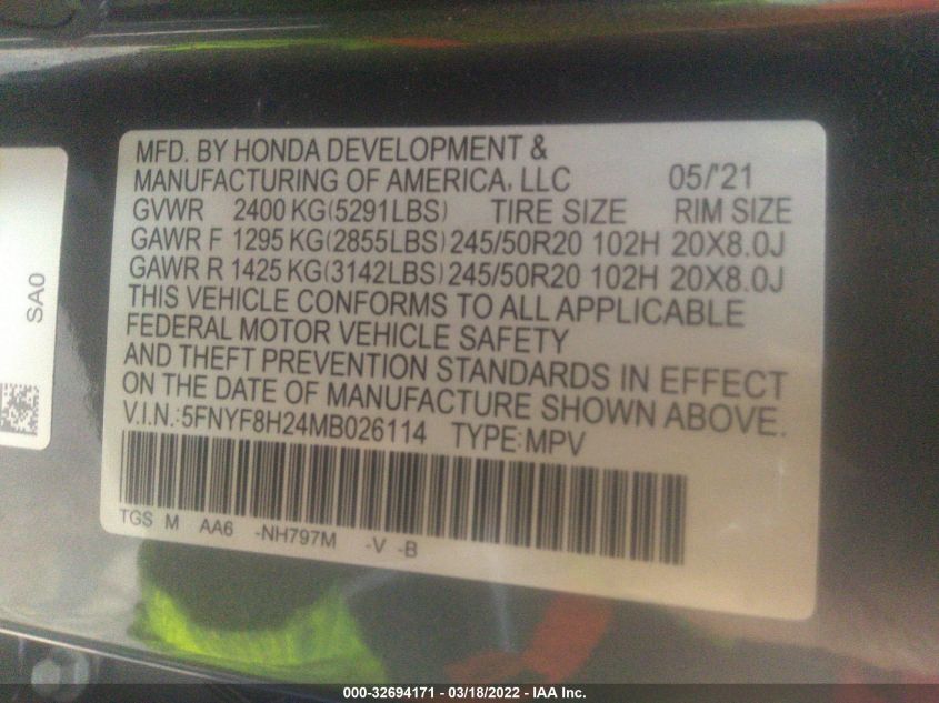 2021 HONDA PASSPORT SPORT 5FNYF8H24MB026114