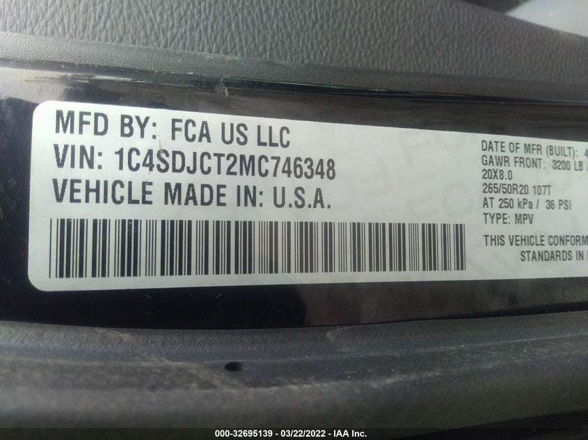 2021 DODGE DURANGO VIN: 1C4SDJCT2MC746348