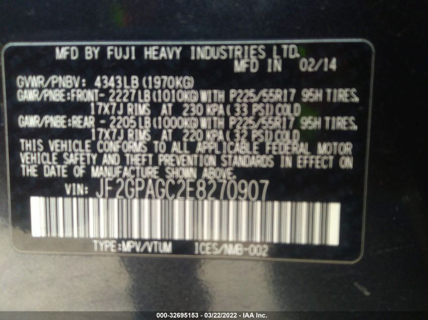 2014 SUBARU XV CROSSTREK LIMITED JF2GPAGC2E8270907