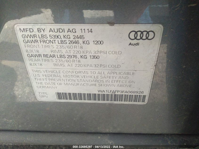 2015 AUDI Q5 PREMIUM PLUS WA1LFAFP3FA068926