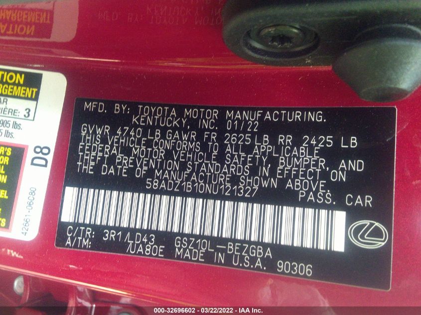 2022 LEXUS ES ES 350 58ADZ1B10NU121327