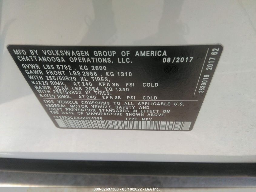 2018 VOLKSWAGEN ATLAS 3.6L V6 SEL 1V2SR2CAXJC524396