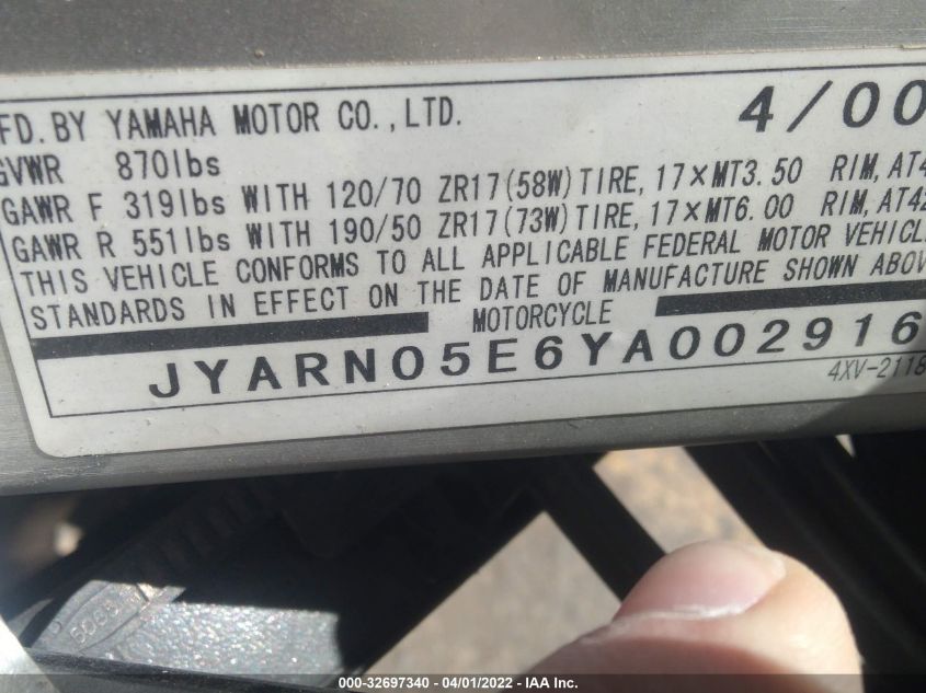 2000 YAMAHA YZFR1 JYARN05E6YA002916