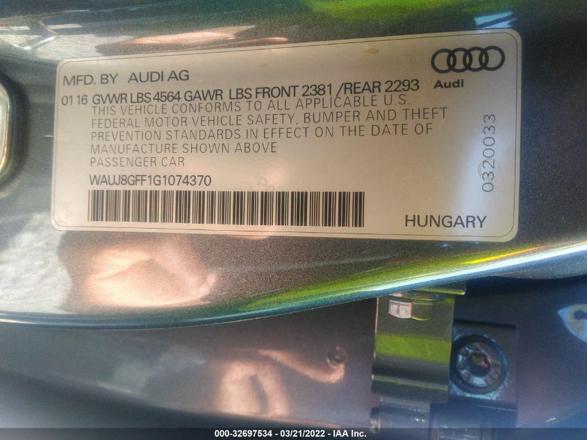 2016 AUDI A3 2.0T PREMIUM PLUS WAUJ8GFF1G1074370
