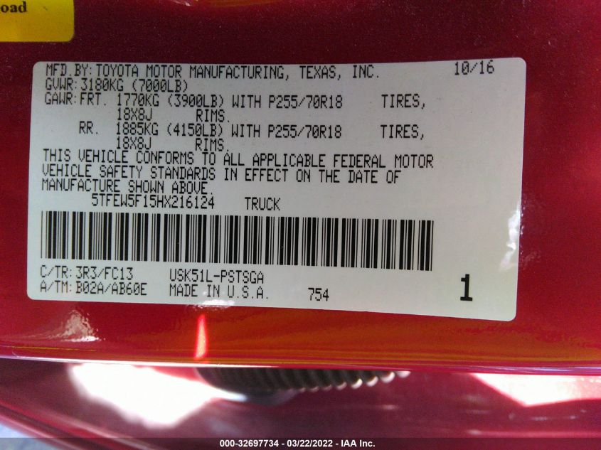 2017 TOYOTA TUNDRA 2WD SR5 5TFEW5F15HX216124