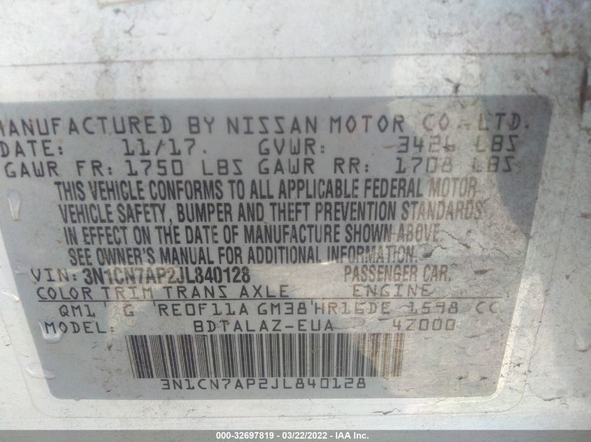 2018 NISSAN VERSA SEDAN S PLUS 3N1CN7AP2JL840128