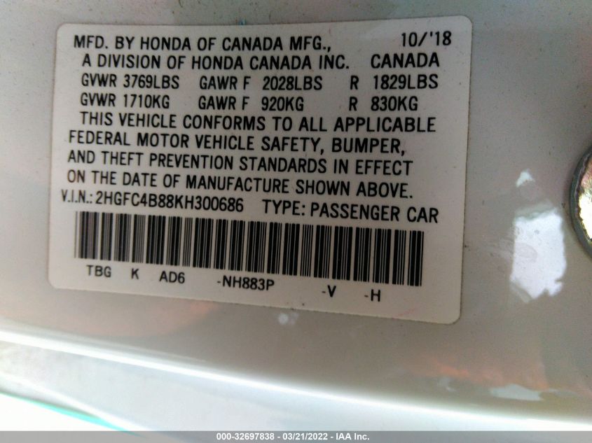 2019 HONDA CIVIC COUPE SPORT 2HGFC4B88KH300686