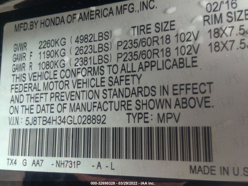 2016 ACURA RDX 5J8TB4H34GL028892