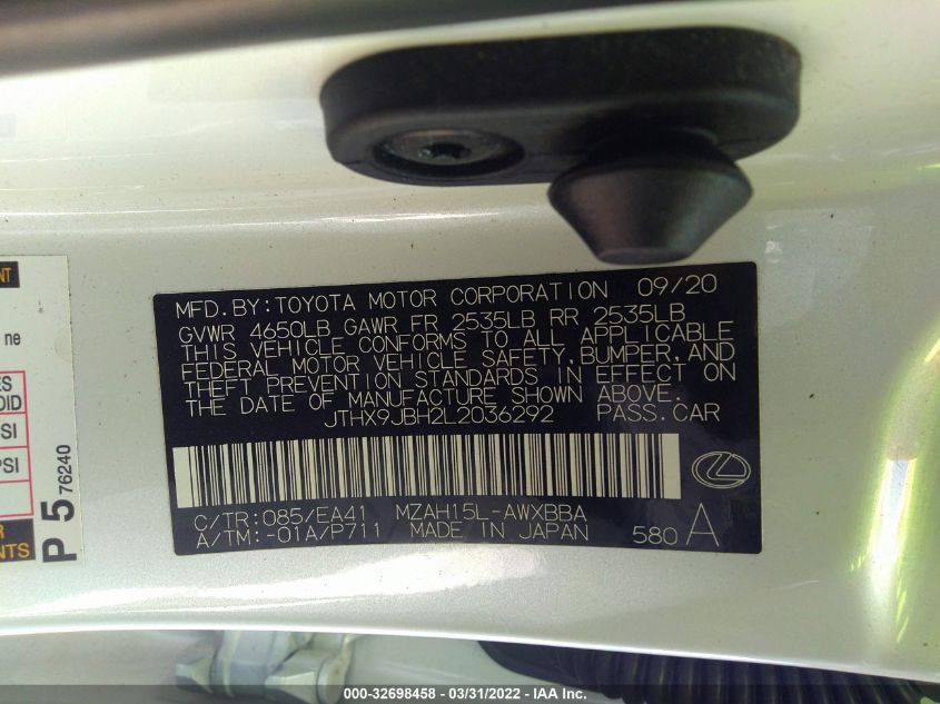 2020 LEXUS UX UX 250H JTHX9JBH2L2036292