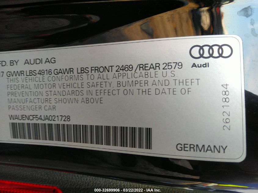 2018 AUDI A5 SPORTBACK PREMIUM PLUS WAUENCF54JA021728