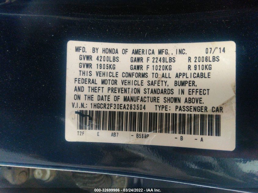 2014 HONDA ACCORD SEDAN LX 1HGCR2F30EA283504