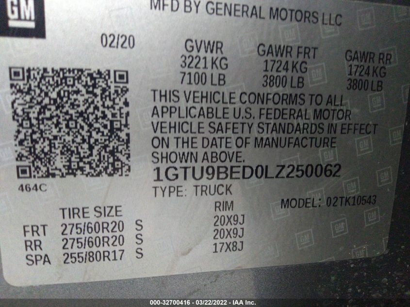 2020 GMC SIERRA 1500 SLE 1GTU9BED0LZ250062