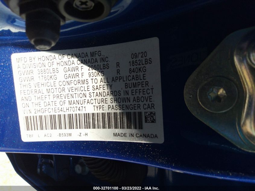 2020 HONDA CIVIC SI SEDAN 2HGFC1E54LH707471