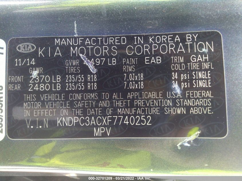 2015 KIA SPORTAGE EX KNDPC3ACXF7740252