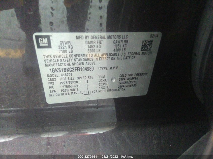 2015 GMC YUKON SLT 1GKS1BKC2FR104989