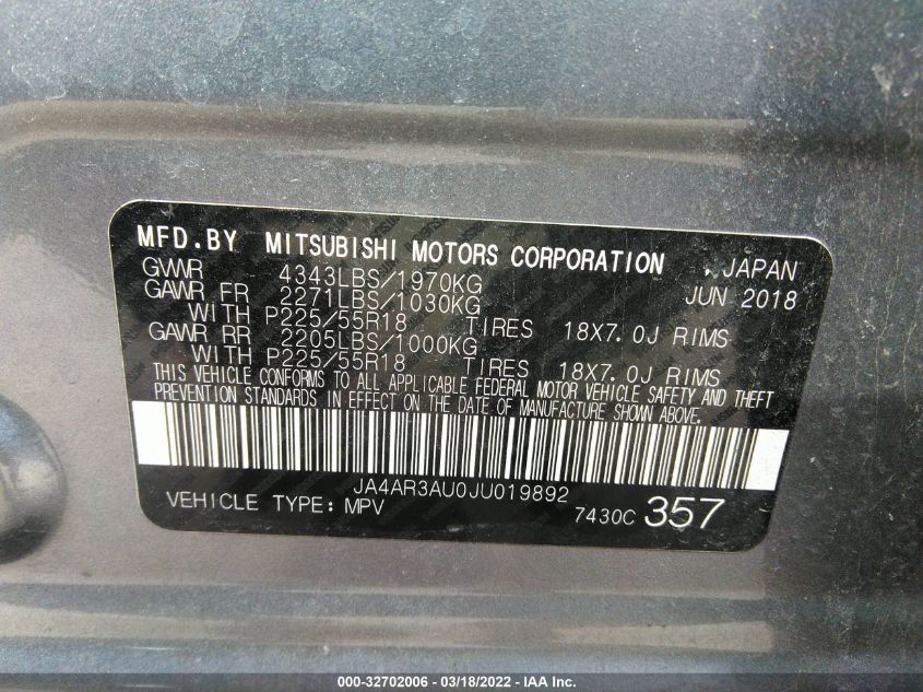 2018 MITSUBISHI OUTLANDER SPORT 2.0 JA4AR3AU0JU019892