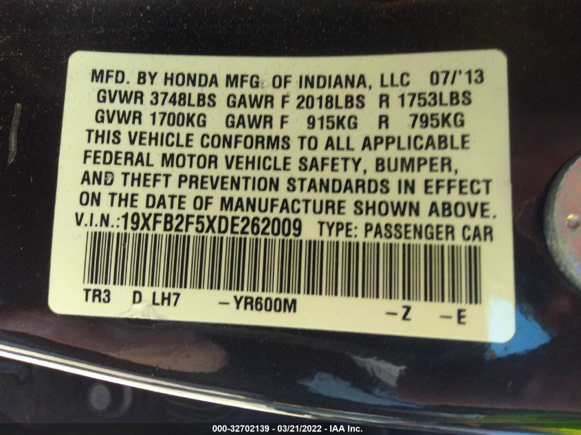 2013 HONDA CIVIC SDN LX 19XFB2F5XDE262009